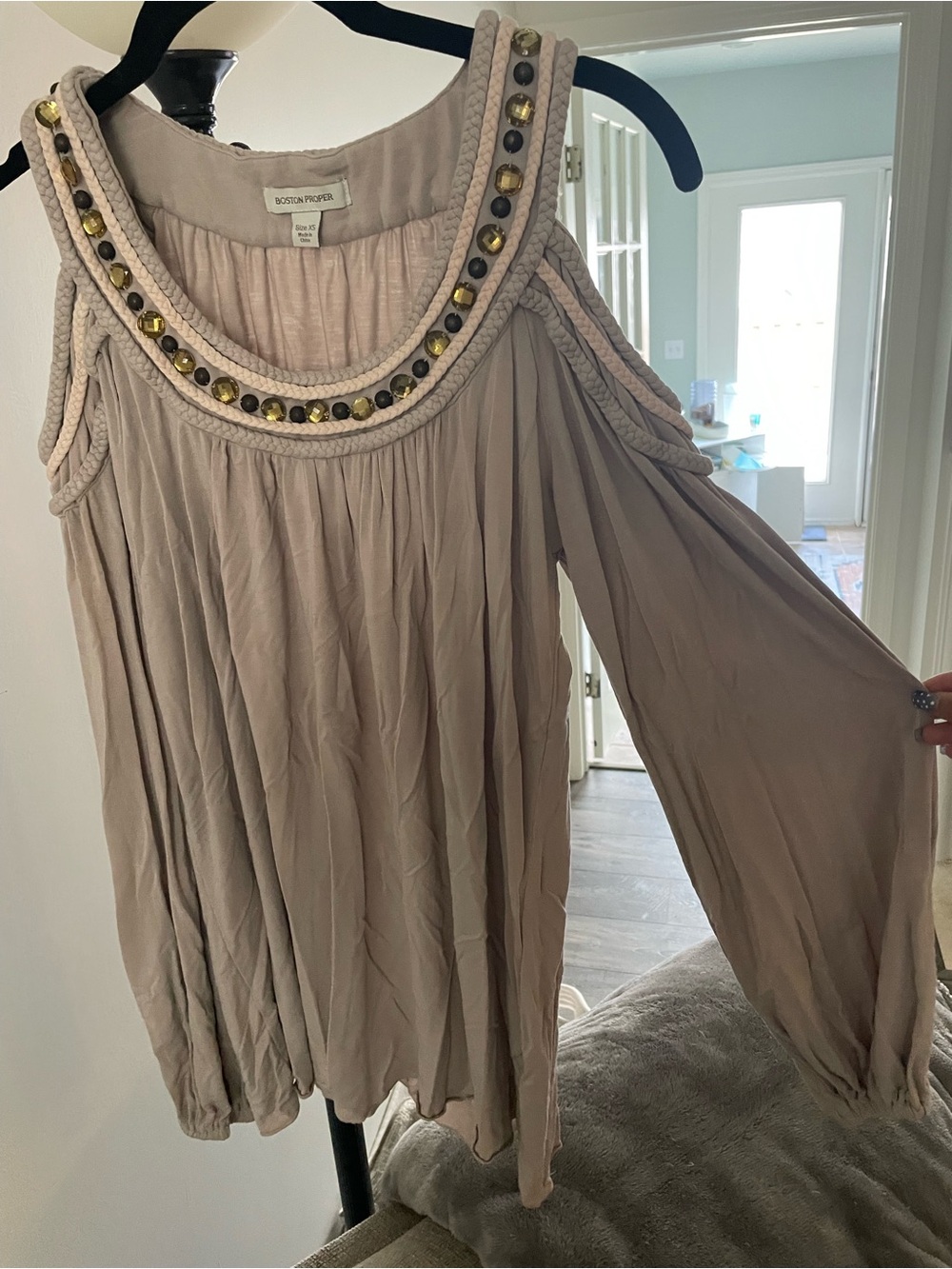 Boston Proper Taupe Braided Cold-Shoulder Tunic with Stud Accents